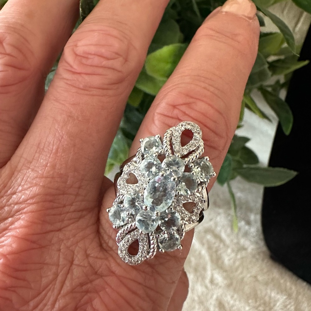 Aquamarine Sterling Silver Cocktail Ring * Size 7 *